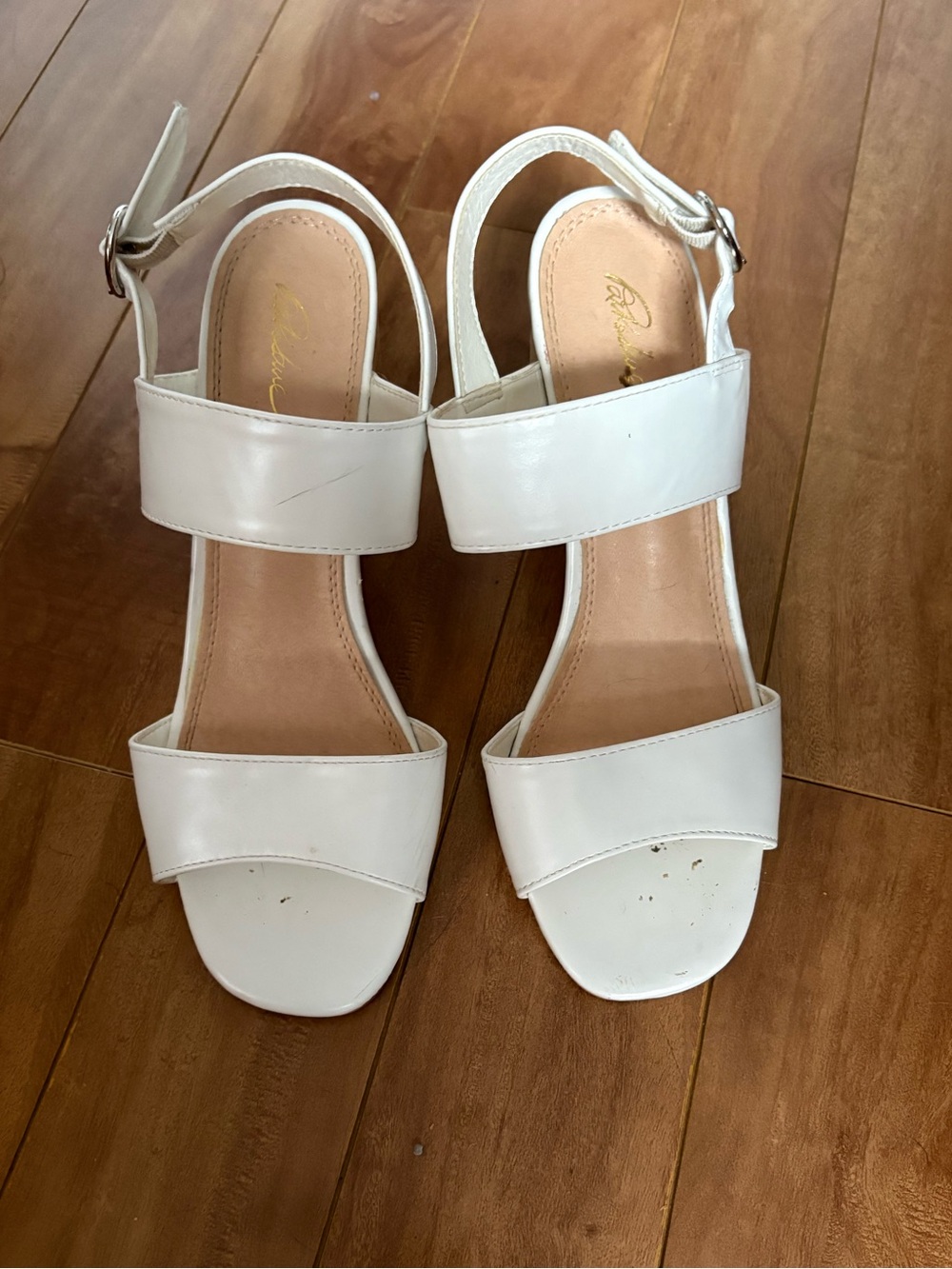 White Leather Two-Strap Block Heel Sandals